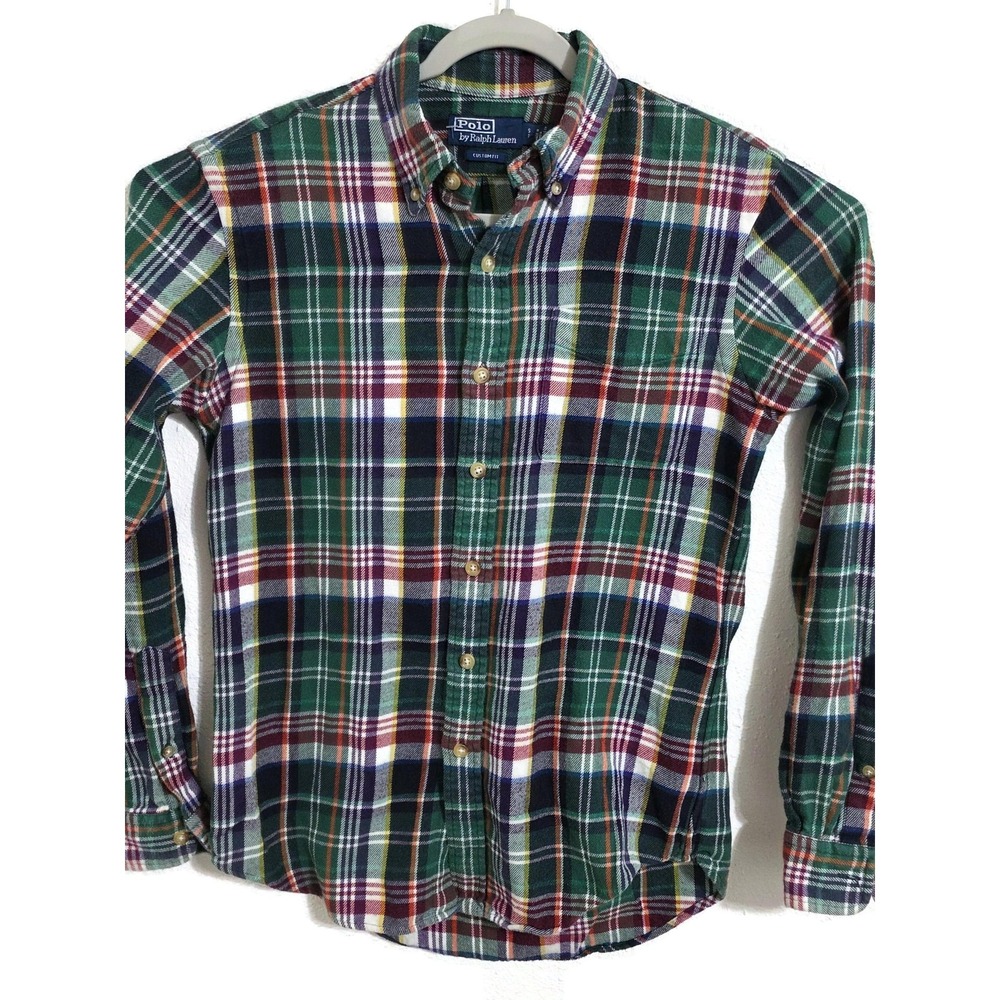 Polo Ralph‎ Lauren Shirt Mens Small Green Plaid Long Sleeve Flannel Custom Fit